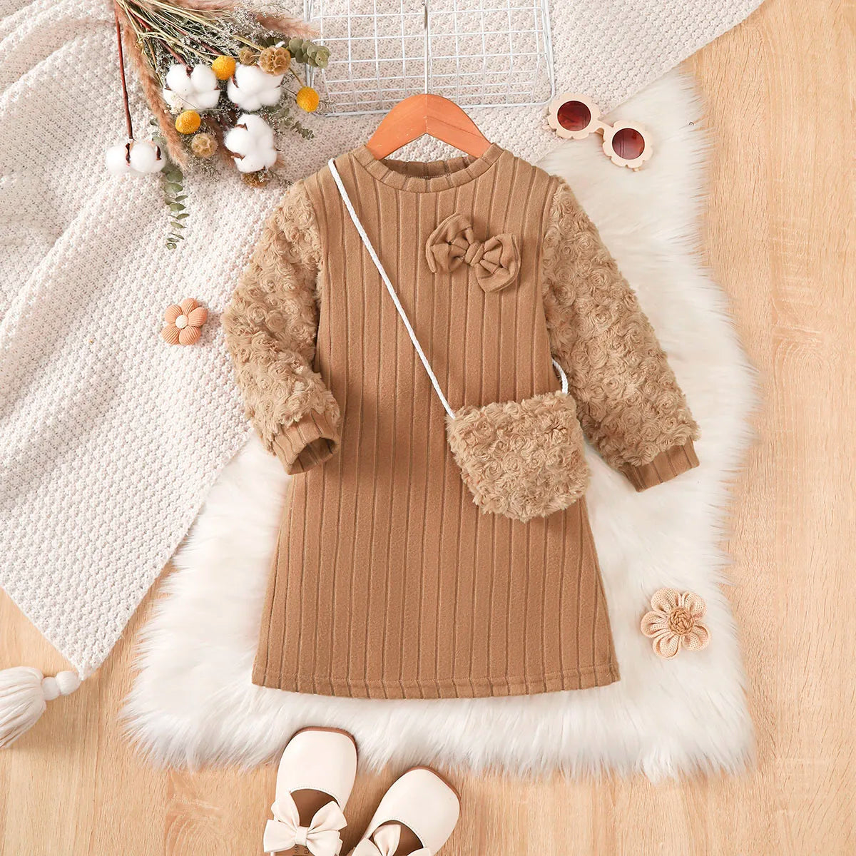 Kid Girls' Dress Brown Long sleeved Splice Fashion Dress+Mini Bag Two-piece Set 4-7 Year old girls' Autumn and Winter Dress