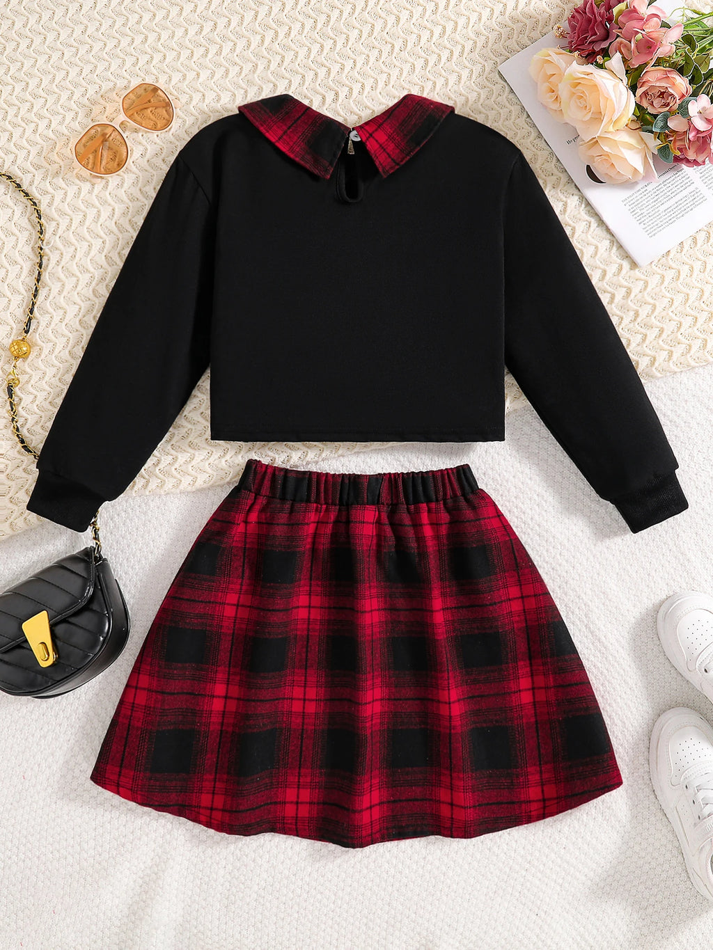 Girls Fashion Casual 2-Piece Set Black Lapel Long-Sleeved Letter Print Shirt Plaid Skirt Spring Autumn New