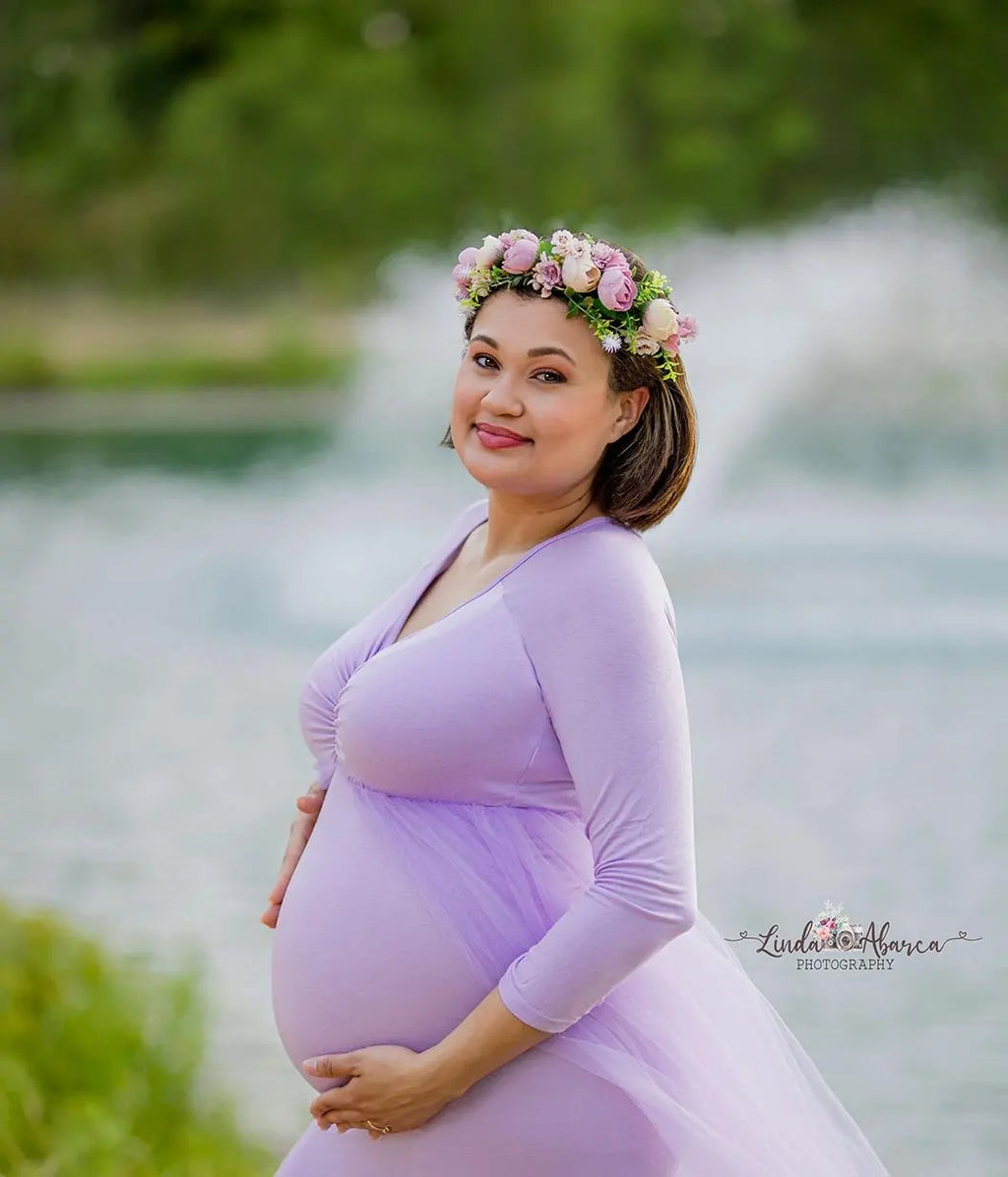 Maternity Long Sleeves Floor Length Mesh Dress Pregnant Dress With Long Train For Shooting Baby Baptism Party