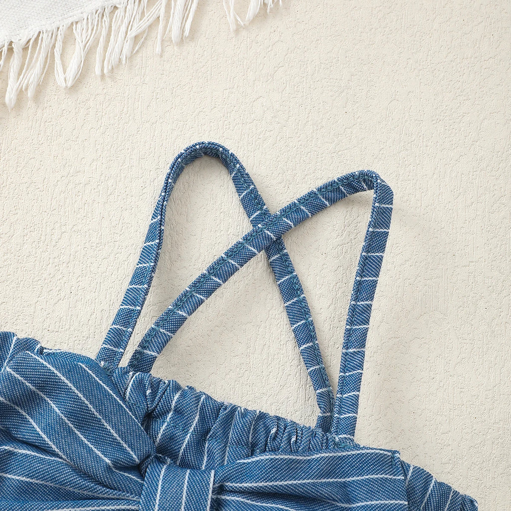 Newborn Children Baby girl Jumpsuit Blue Suspender Bow Stripe Summer Jumpsuit 0-18 Months Baby Girl Crawling Suit Baby Clothes