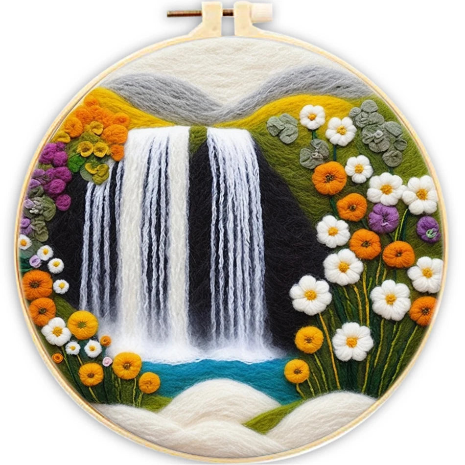 Waterfall Landscape Wool Felting Painting Frame DIY Wool Embroidery Kit Funny Wool Needle Felt Picture Kit Craft Painting Gift