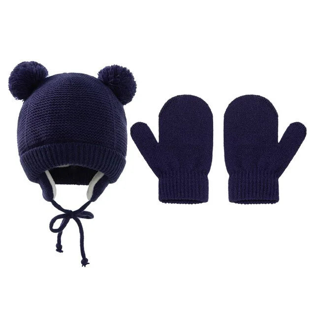 Cross-Border Baby Hat Two-Piece Set Knitted Hat Gloves Foreign Trade Classic Style Warm Hat Gloves Set for Children