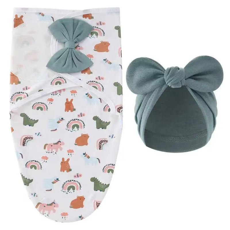 Baby Blanket Hat Set Cartoon Printed Cotton Newborn Swaddle Adjustable Infant Sleeping Swaddle Wraps All Seasons 0-6 Months