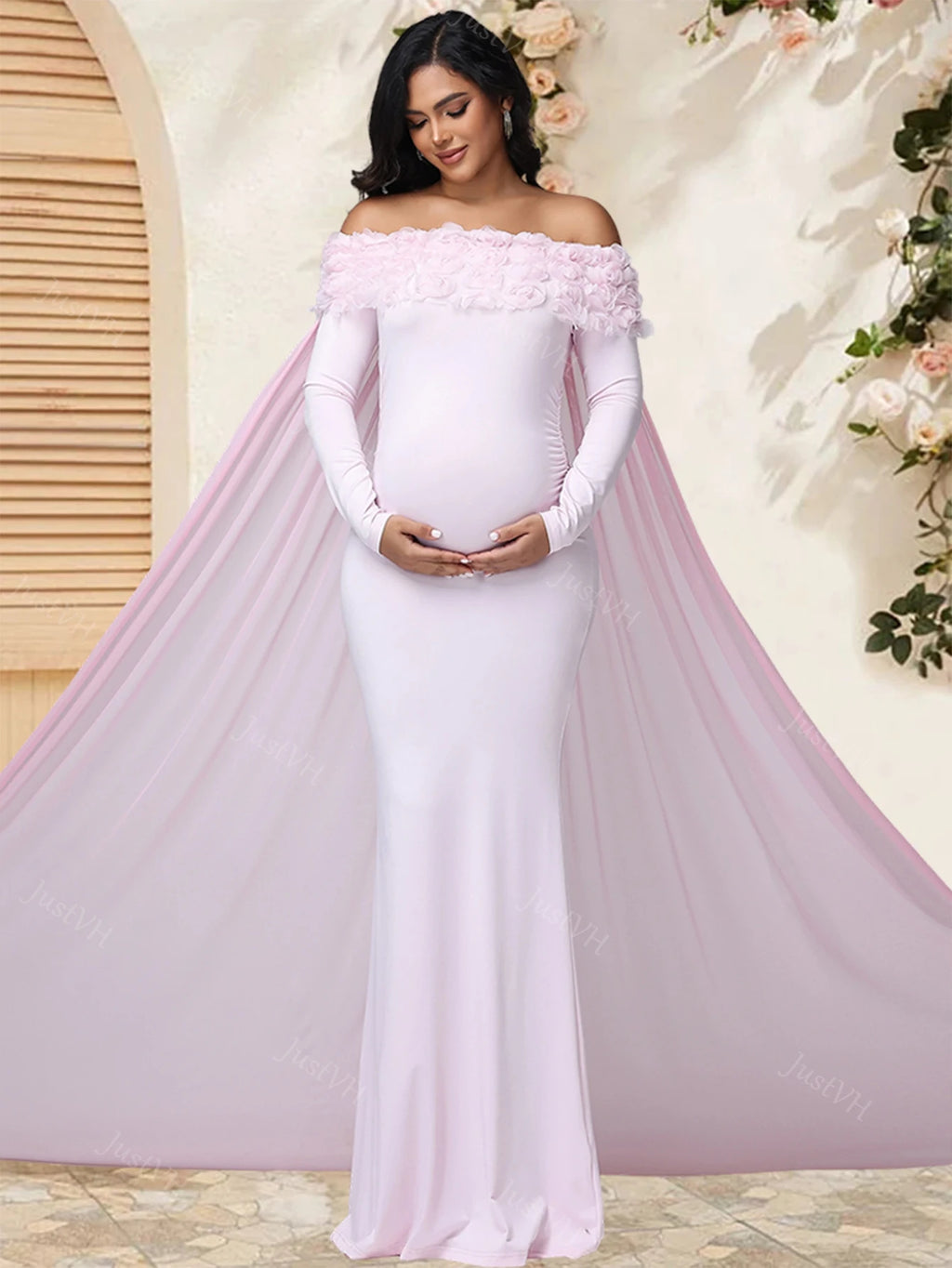 Maternity Women's Appliques Off Shoulder Long Sleeves Photography Dress Mesh Cloak Maxi Gown for Photoshoot Baby Shower