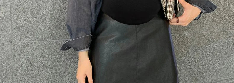 Pretty Maternity Autumn Skirts Vintage High Waist Pregnant Woman Slim Belly Skirts Elegant Pregnancy A-line Pu Leather Skirt