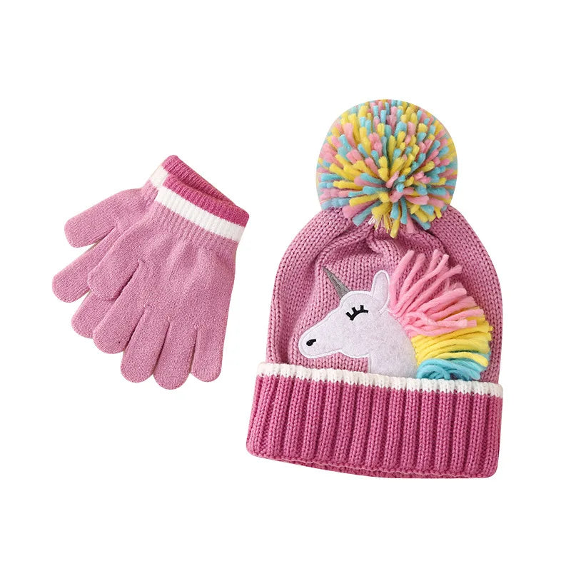 Cross-Border In-Stock Children's Cartoon Unicorn Knitted Hat and Gloves Two-Piece Set Winter Girls' Warm Knitted Hat Set