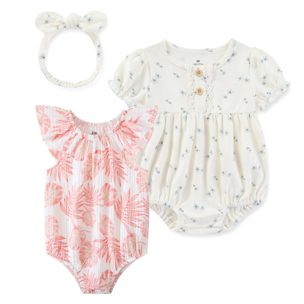 3-Pack Fashion Cute Baby Girl Clothing Set Soft Newborn Short Sleeve Bodysuits+headband 0-24 Months Infant Outdoor Party Clothes