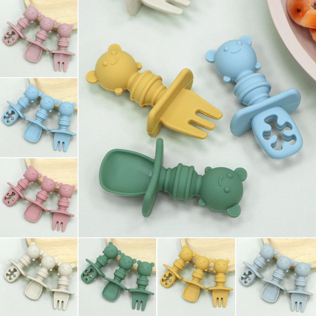 3-piece self-feeding silicone spoon with choking barrier - silicone chewing spoon set suitable for infants and toddlers, weaning