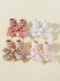 4 Pairs of Baby Girls Socks with Bows, Soft Cotton Newborn Infant Ankle Socks, Breathable Non-Slip Short Socks for 0-24 Months