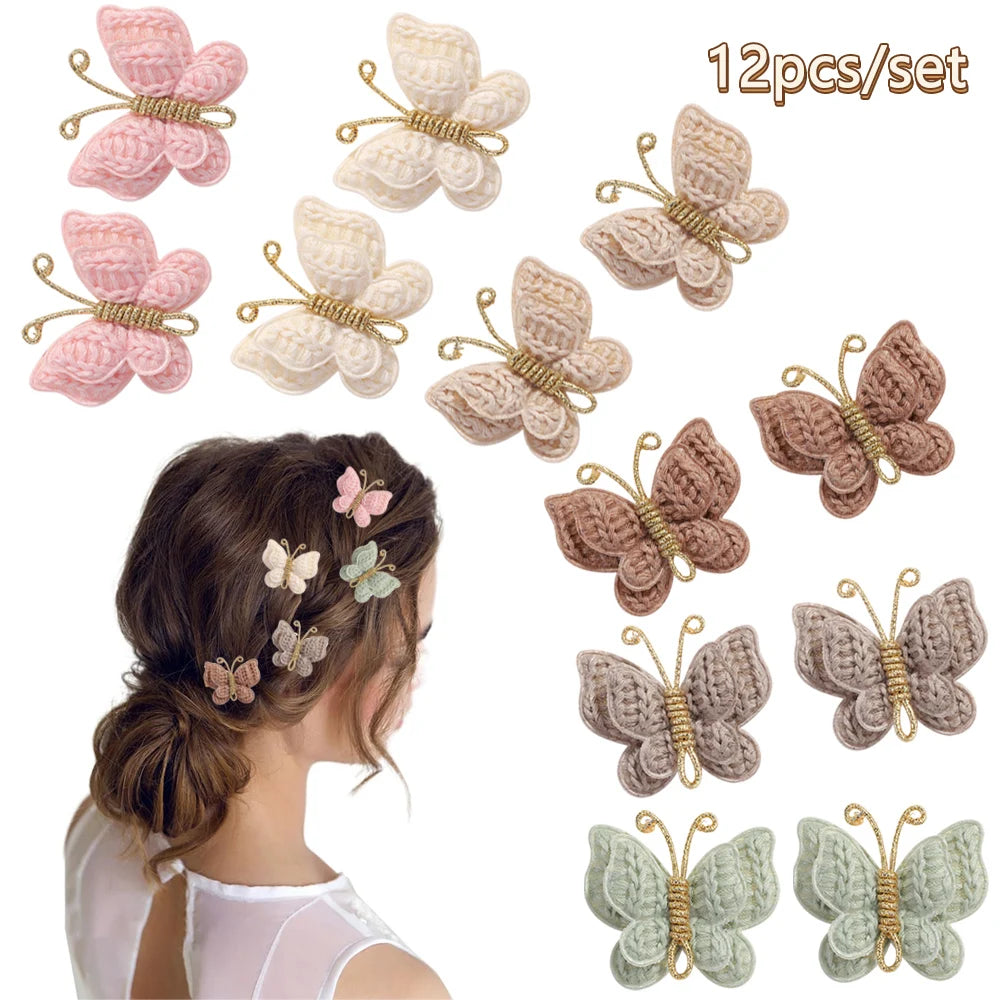 12Pcs Mini Butterfly Knitted Crochet Hair Clips for Baby Girl Handmade Headgear Wool Braided Hairpins Hair Accessories