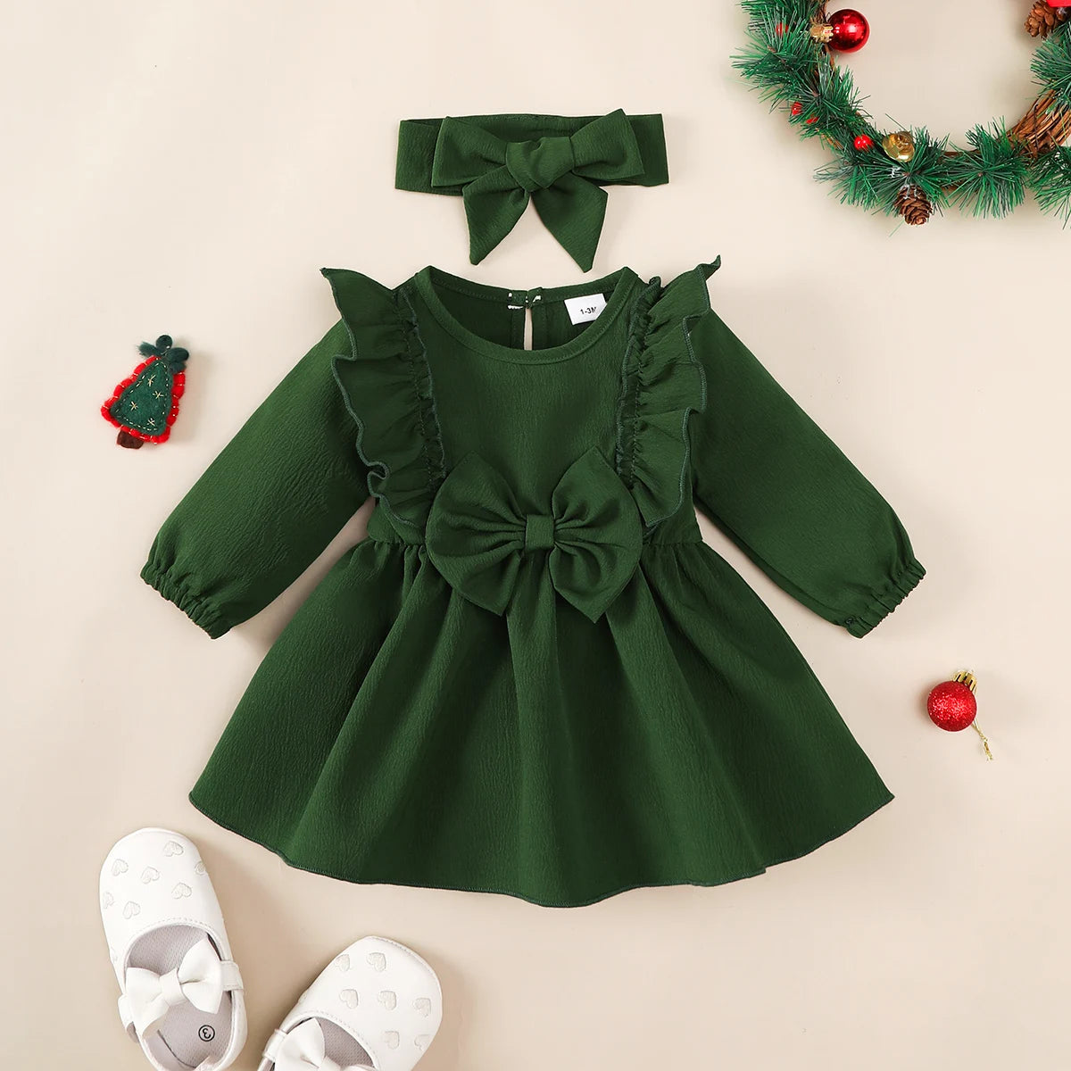 Autumn Baby Girl Dress With Long Sleeves And Headband For Zero To Eighteen Months