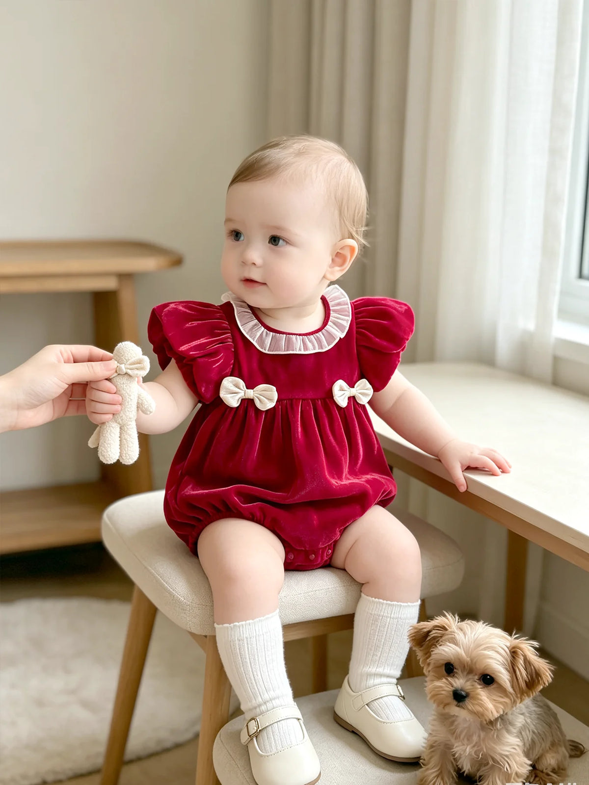 Baby-Fitting Ruffle-Collar, Cap-Sleeve, Bow-Tie Burgundy Baby Girl Onesie—Cute Spring/Summer Outfit for Newborns