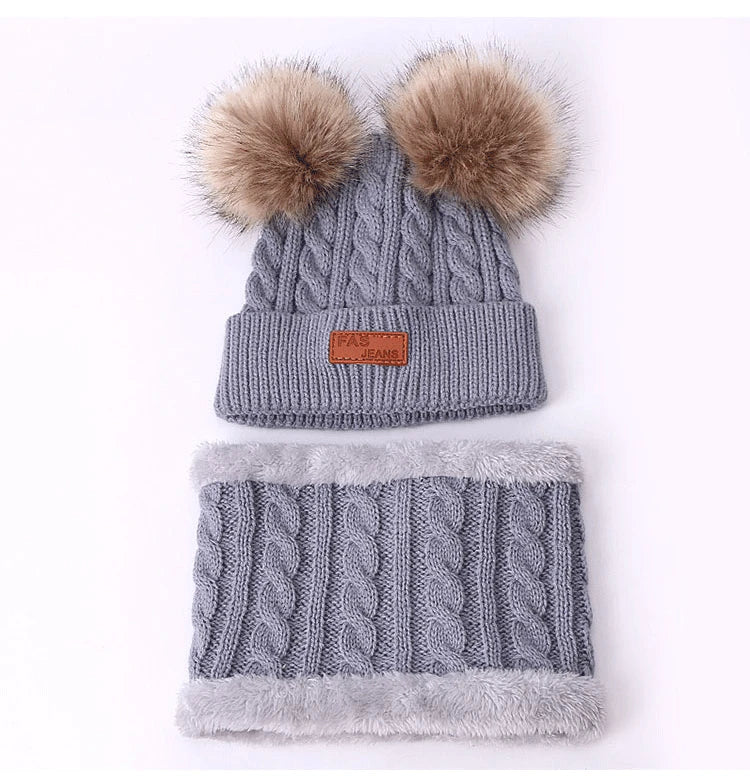 Winter Children's Scarf Hat Three-Piece Set with Pom-Pom Baby Infant Knitted Hat Warm Wool Thickened