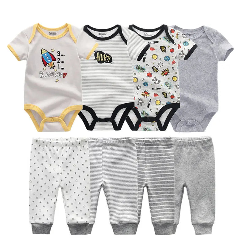 8-Piece Cartoon Baby Bodysuits and Pants Cotton Newborn Unisex Short Sleeve Onesies Trousers 0-12 Months