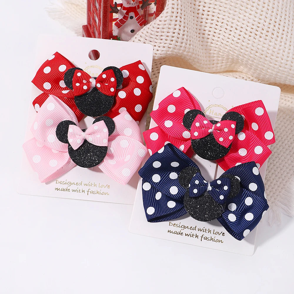 2/4Pcs Cute Bows Hair Clip for Children Boutique Cartoon Headdress Classic Woven Ribbon Polka Dot Pattern Kids Hair Clip