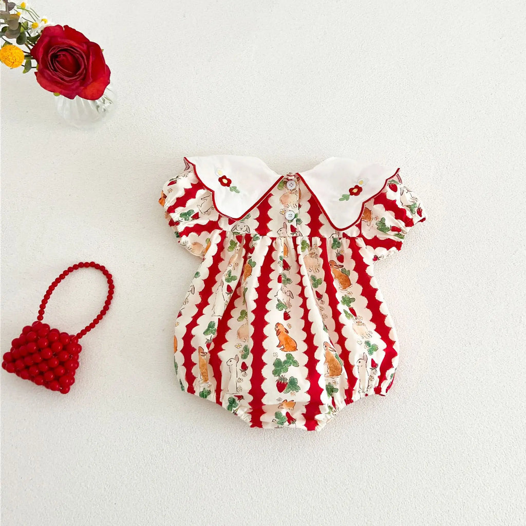 insBaby Girl Rabbit Cartoon Print Embroidered Collar Romper Infant Toddler Sweet Summer Short Sleeve Jumpsuit