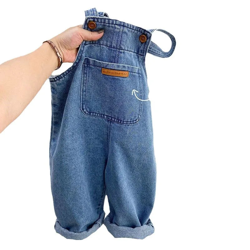 Kids Backpack Pants Summer Children's Solid Color Denim Jumpsuit Spring Autumn New Boys Girls Simple Fashion Trousers 2-8 Years