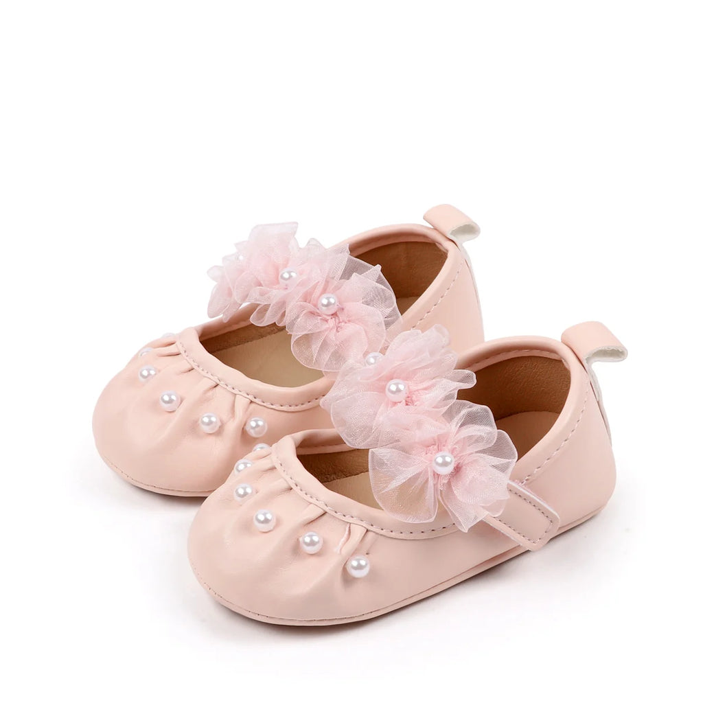 Charming Baby Girls' Pearl Decor Mesh Flower Soft Sole Flats