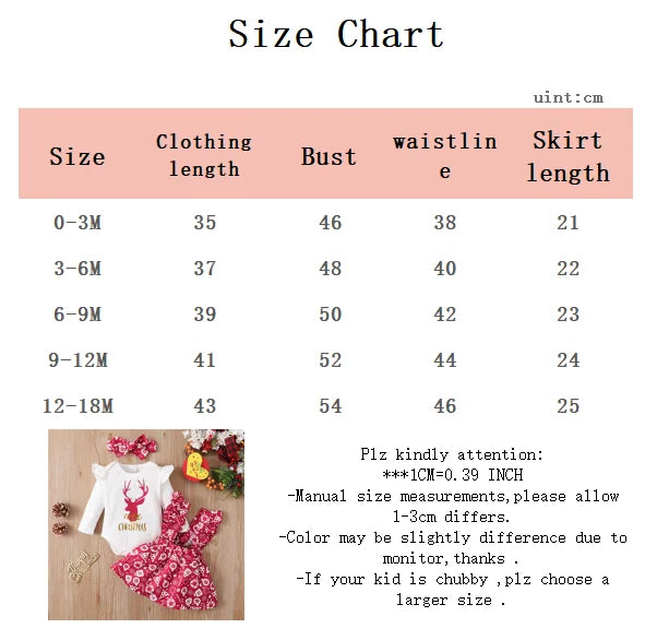 Newborn Baby Girl Christmas Set Reindeer Long sleeved Top Ruffled Shoulder Strap Skirt+Headband 3pcs 0-18 Months Baby Autumn Set