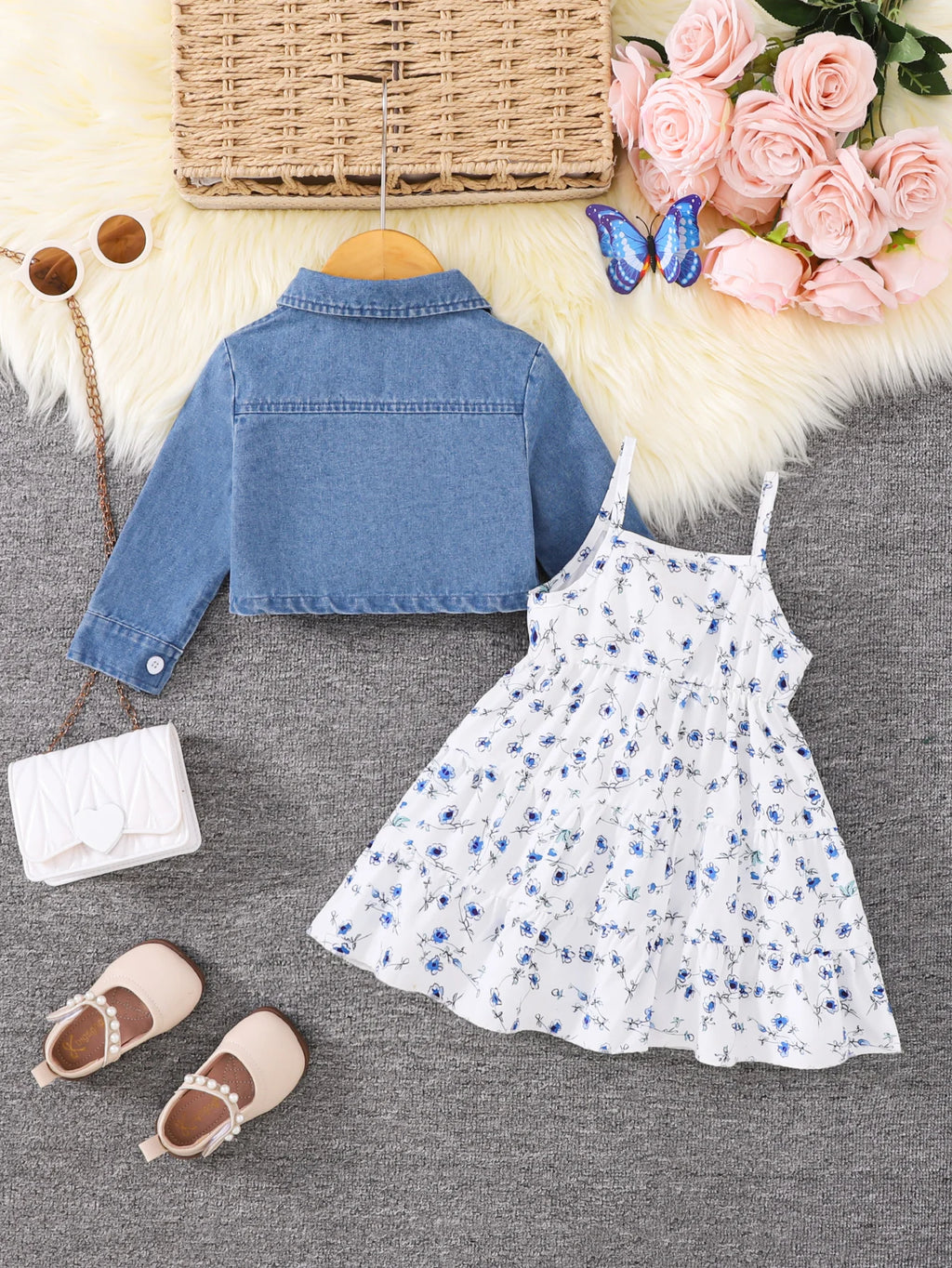 Girls Floral Halter Dress + Denim Jacket Two-Piece Set Spring Autumn Cute Baby Outfit Combination