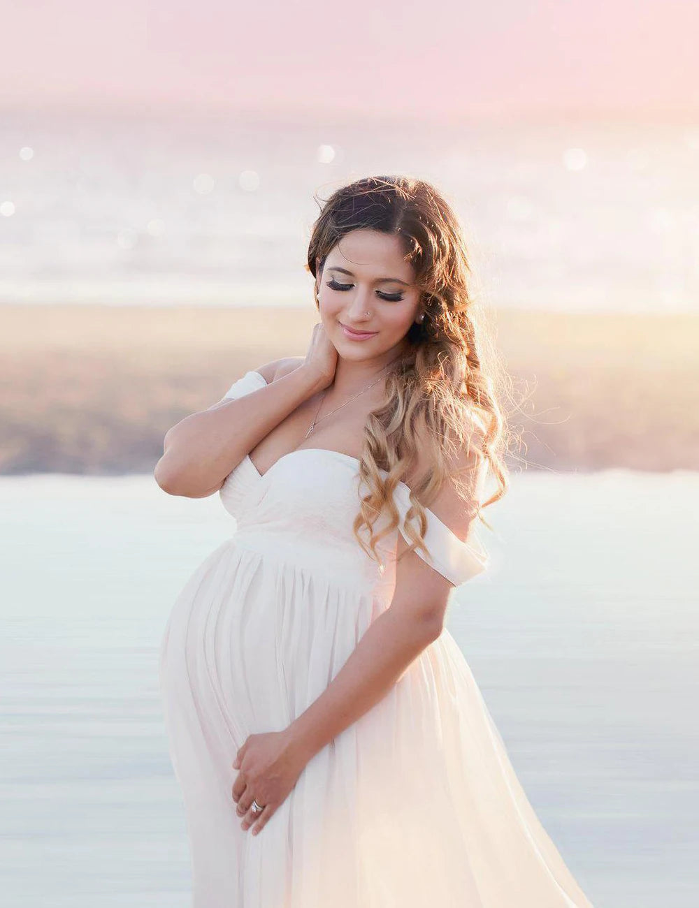 JustVH Maternity Off Shoulder Chiffon Lace Gown Split Front Maxi Photography Dress for Photoshoot