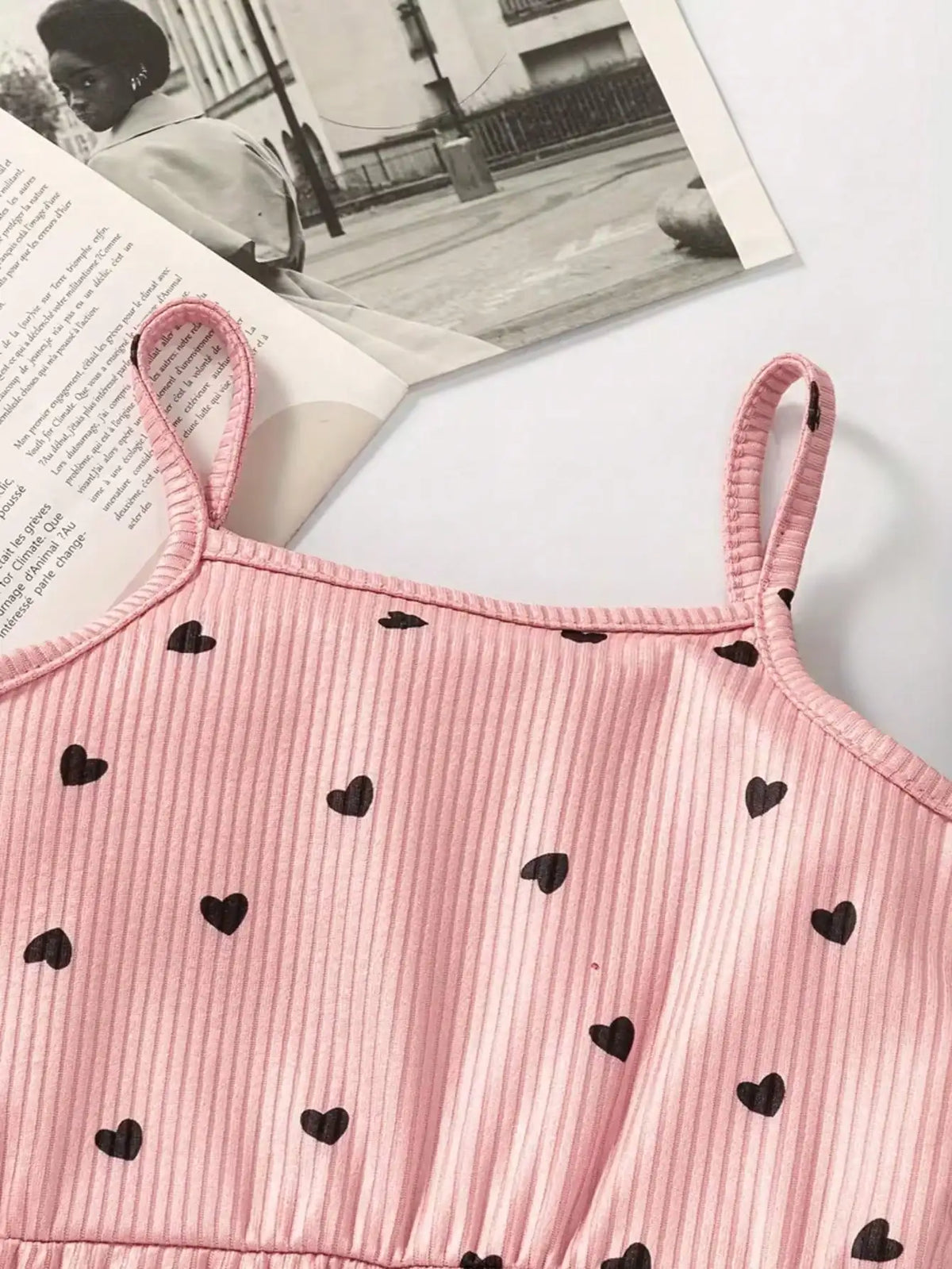 2pcs Girls Casual Summer Button up Heart-Shaped Camisole Jumpsuit Set Two Colors Suitable for Outdoor Travel