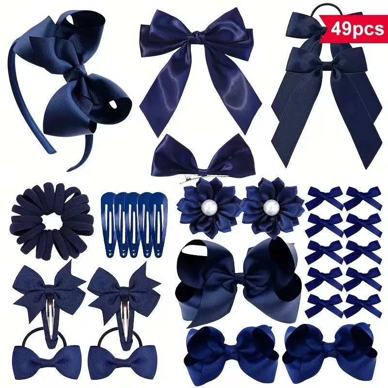 49Pcs Large Bow Ribbon Hair Clip Barrettes for GirlsPonytail Back To School Season Headband Hairpins College Style Headwear