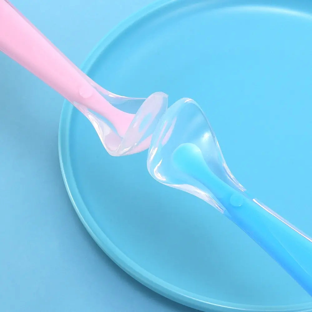 Baby Feeding Spoons 2PCS Set - Soft Silicone & PP Plastic Head - Safe for 6-24M+ Pink Blue Spoons Gift Box