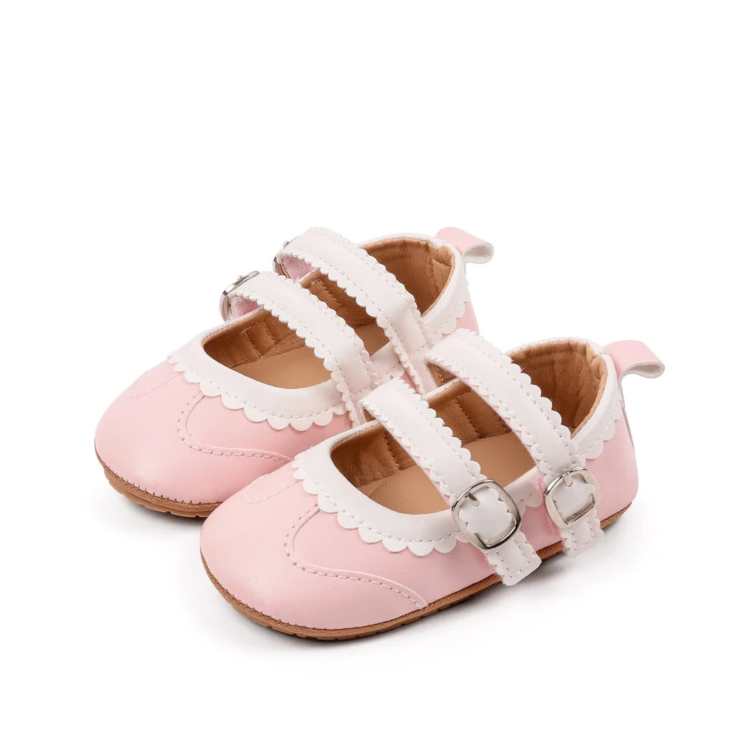 0-18 Months Infant Pre-walker Shoes, Scalloped Lace Trim Dual Buckle Strap Soft Non-slip Rubber Sole Indoor Baby Mary Jane Shoes
