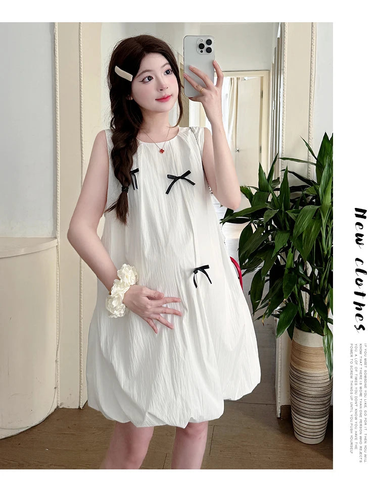 Korean Style Maternity Mini Dress Sleeveless White Pregnant Woman Bud Dress Fashion Short Lady Loose Fashion Dress with Bowknot
