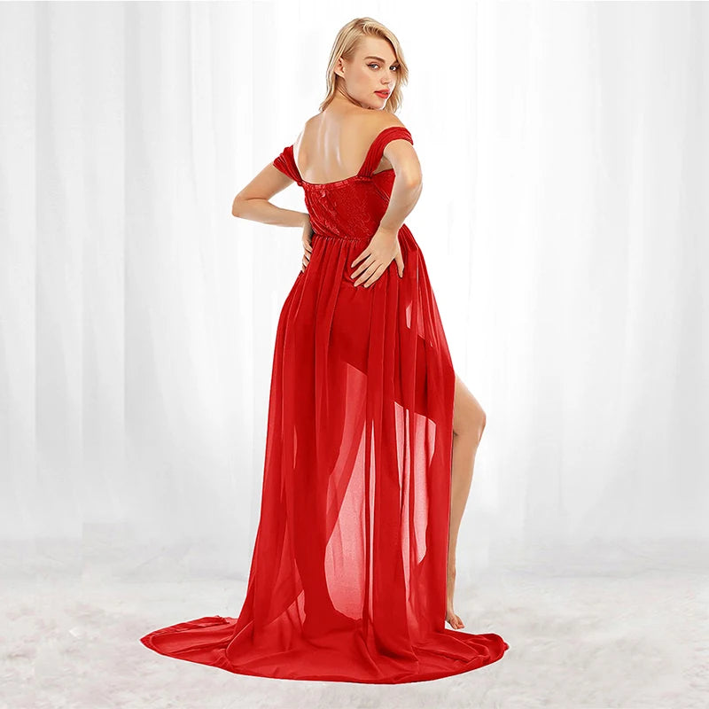 Maternity Lace Dress Sexy Gown Off Shoulder Long Pregnancy Dress Photo Shooting Women Fancy Clothing Slit Dress for Photoshoot