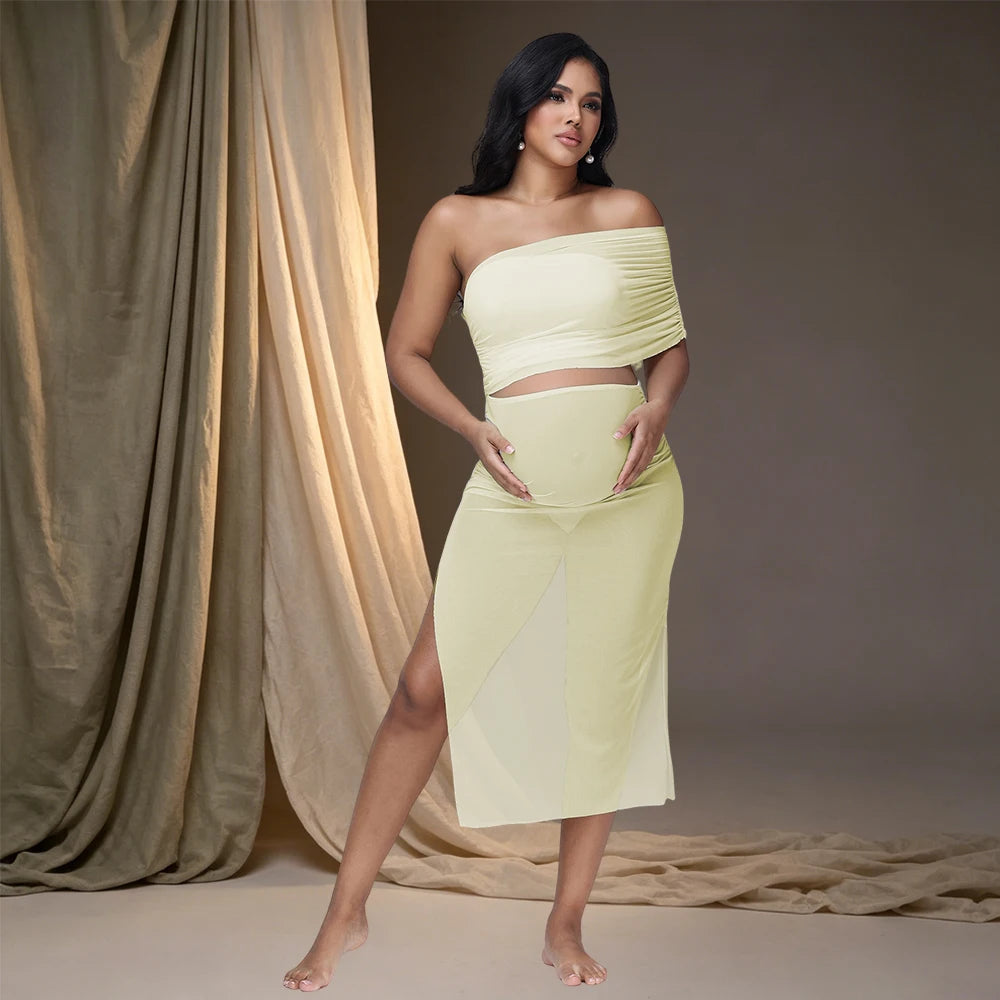 Maternity Sexy Off Shoulder Photography Outfit Cut Out Belly See Through Mid Dress for Photoshoot