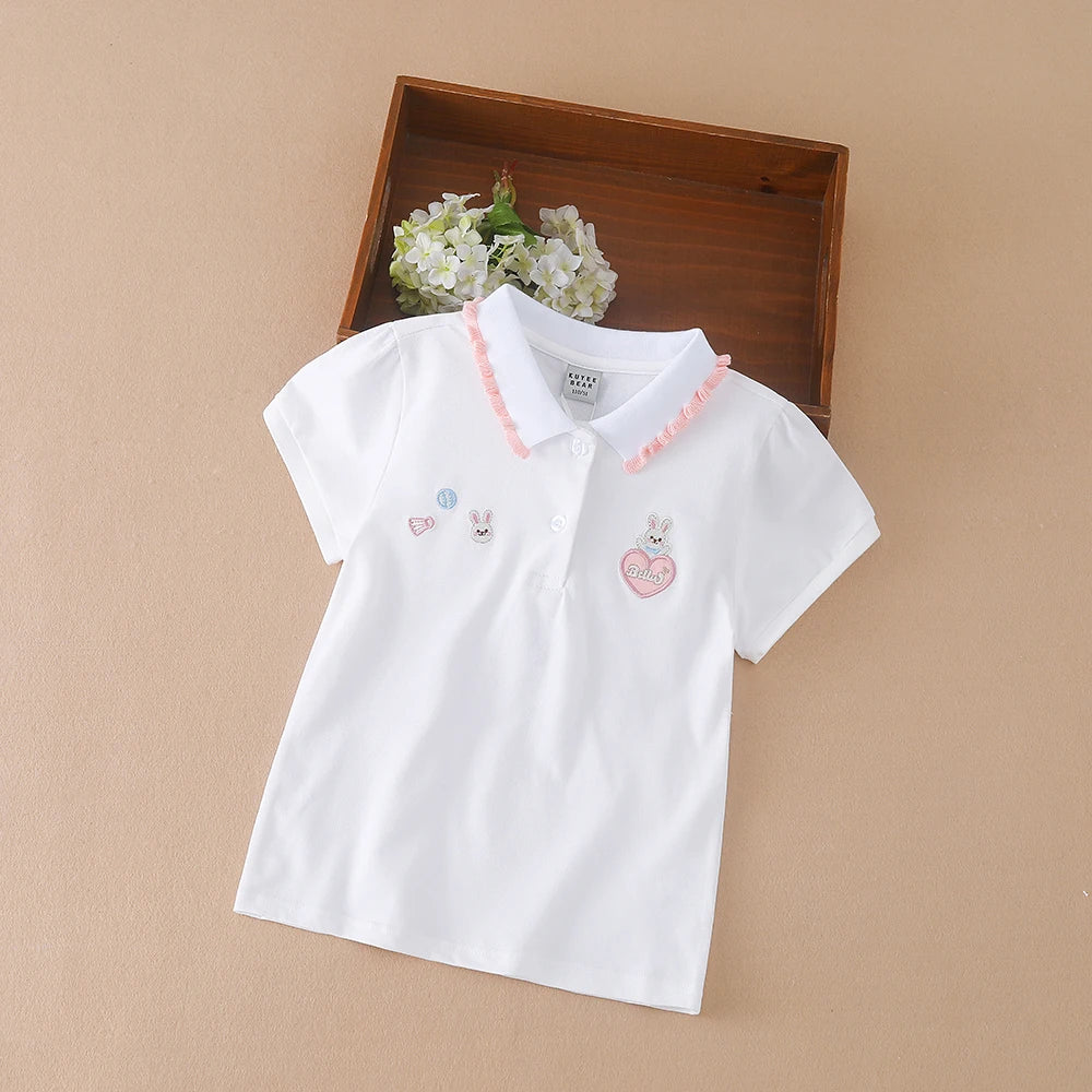 3-12 Age Girls Polo Summer Children Short Sleeve T-shirts 2024 New Kids Turn Down Collar Clothing Baby Cotton Tops
