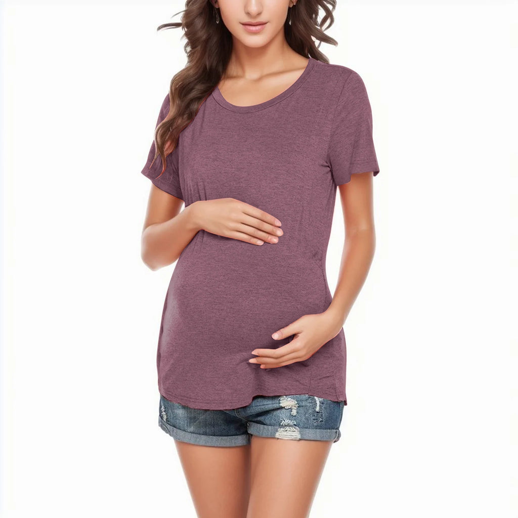 Pregnant Women T Shirt Maternity Summer Short Sleeve Side Button Crew Neck Tees Solid Color Nursing Tops For Breastfeeding New