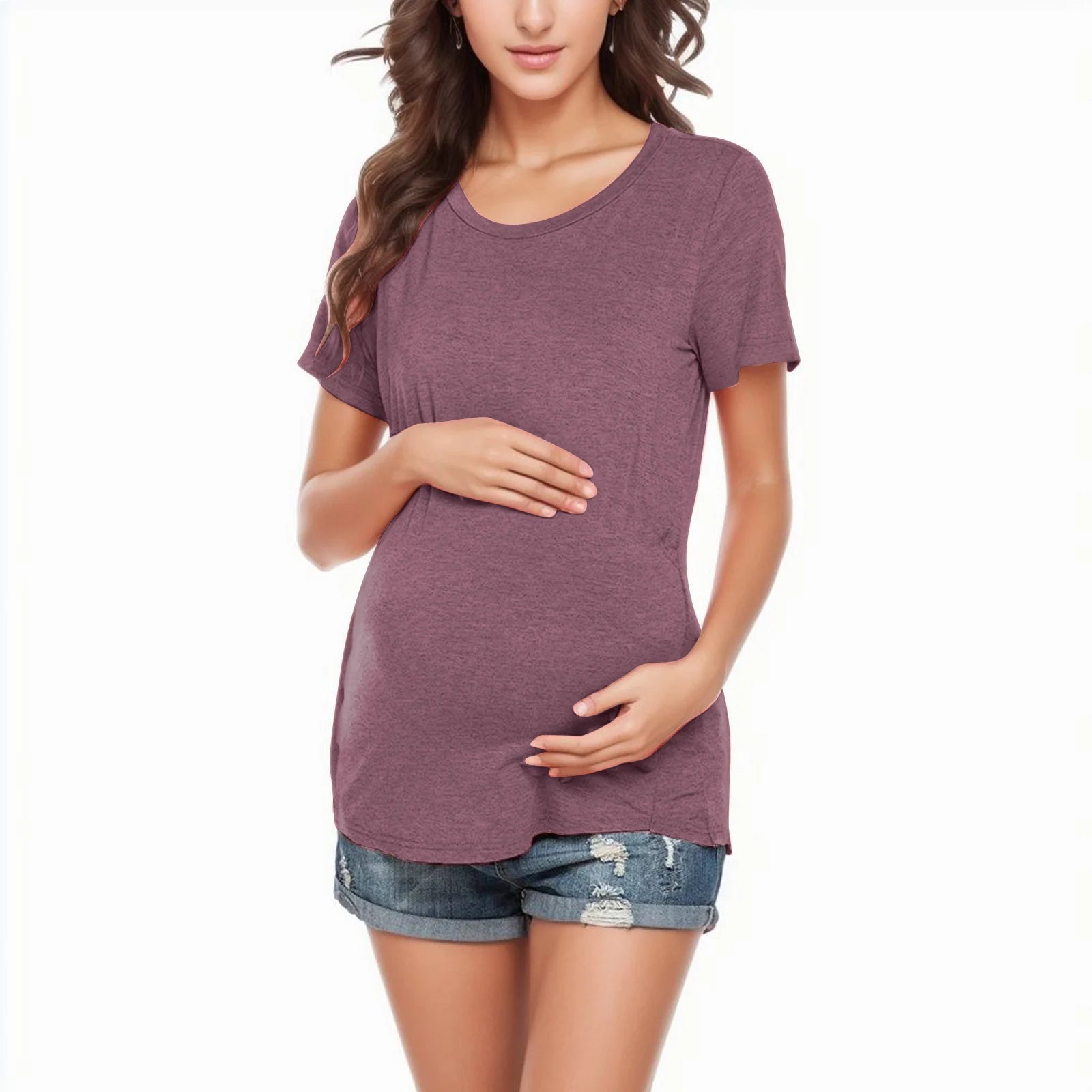 Pregnant Women T Shirt Maternity Summer Short Sleeve Side Button Crew Neck Tees Solid Color Nursing Tops For Breastfeeding New