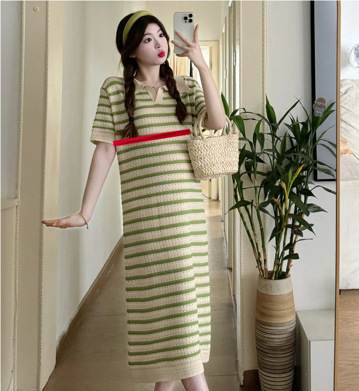 Summer Postpartum Woman Breastfeeding Dresses Short Sleeve Turn-down Collar Hollow Out Striped Maternity Straight Nursing Dress