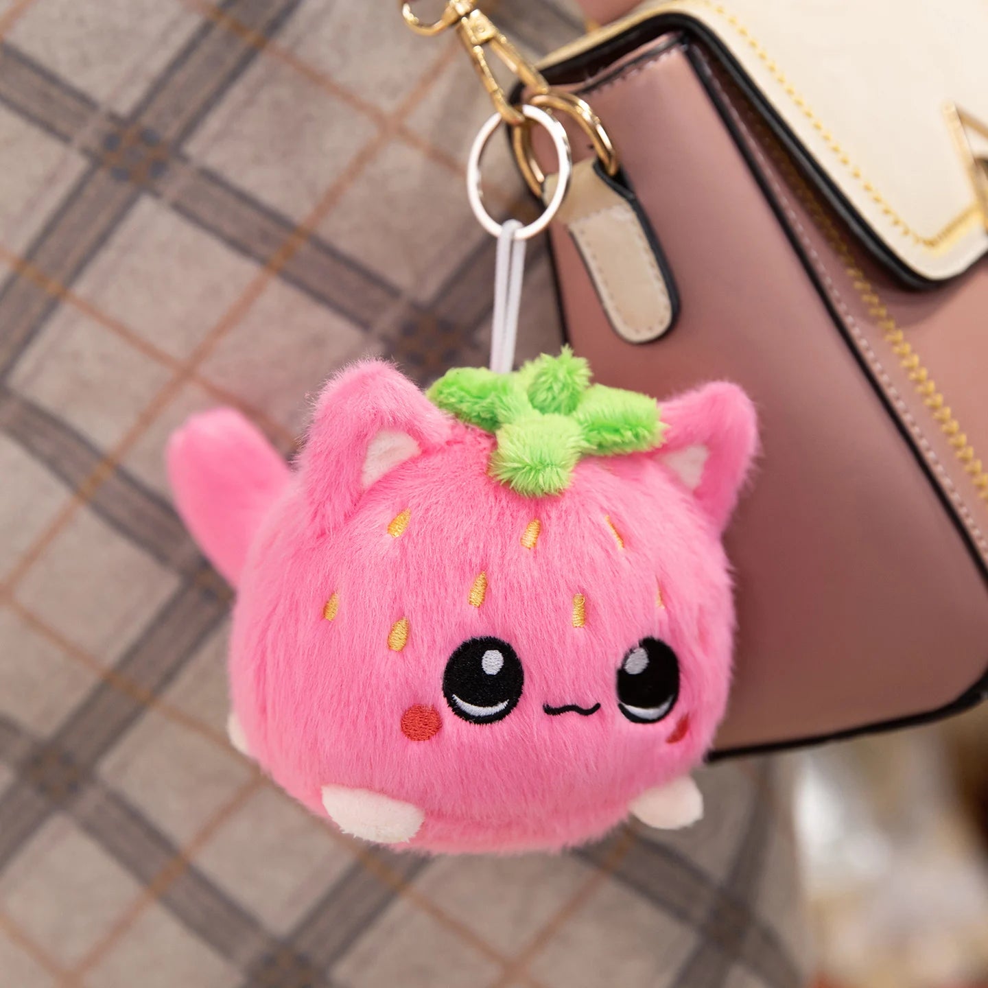 Cartoon Strawberry Plush Toy Cat Pink Soft Stuffed Animal for Cuddly Companionship