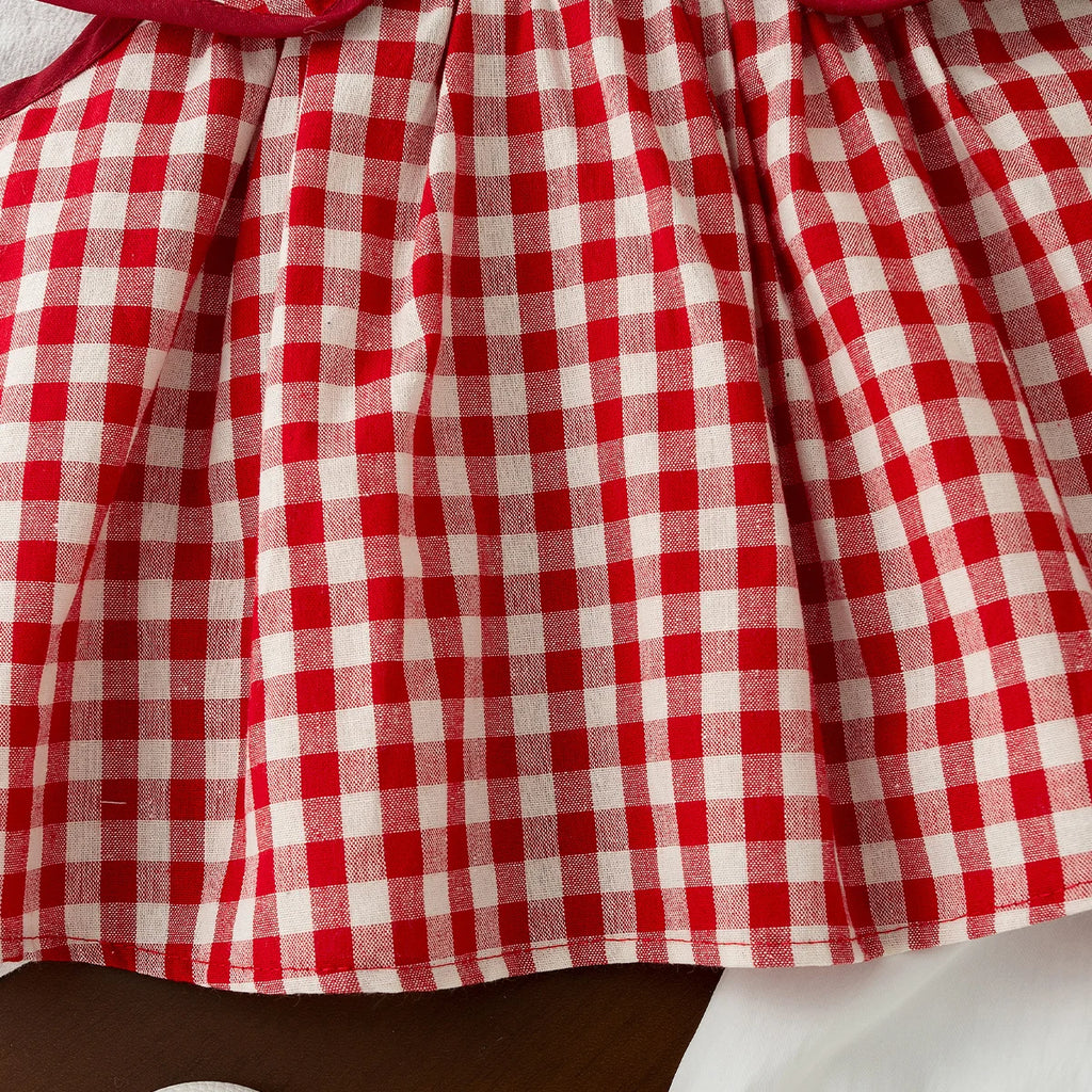 Summer Lovely Baby Girl Outfit Set Comfortable Cartoon Embroidery Red Plaid Doll Collar Top and Solid Color White Toddler Shorts