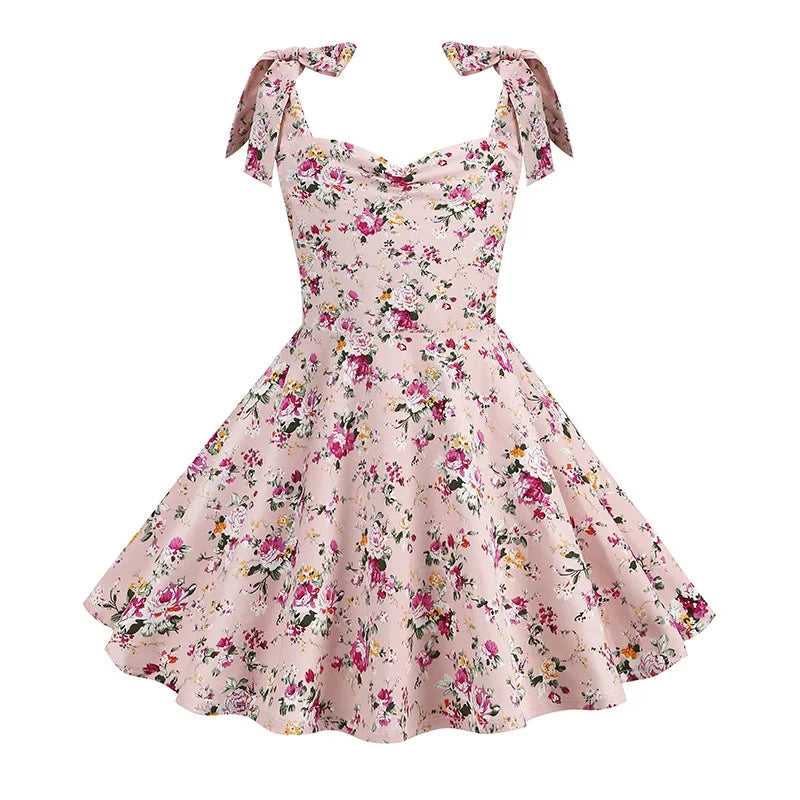Summer New Parent-Child Dress Flower Bow Print Strap Dress Beach Party Fashion Cute V-Neck Mother Daughter Dress
