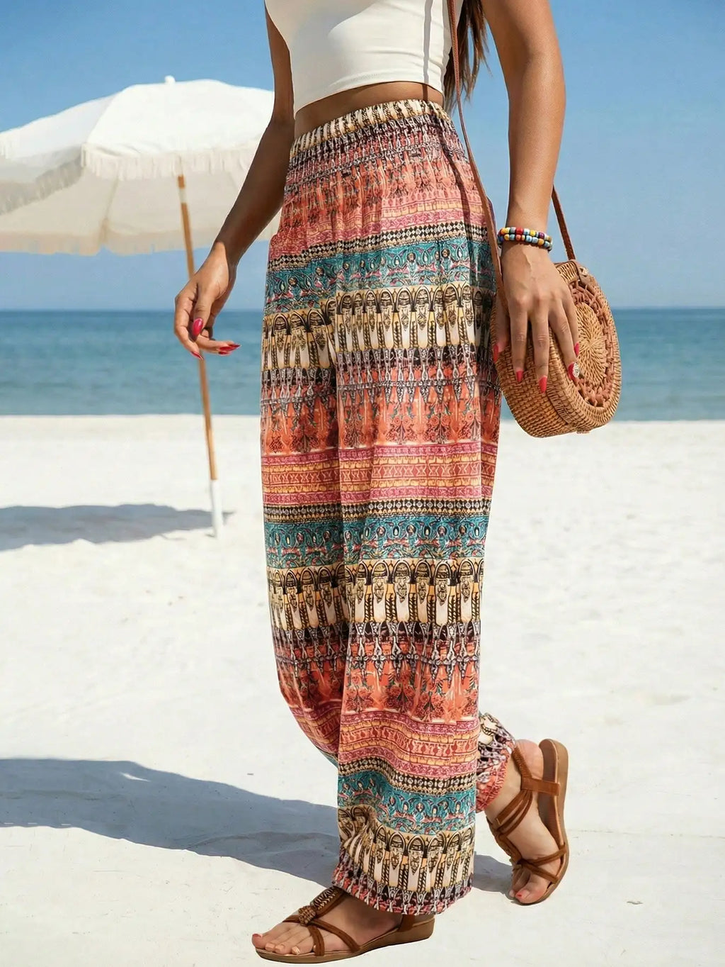 Women's Summer Bohemian Ethnic Print Elastic Waist Loose Fit Dress Capris for Beach