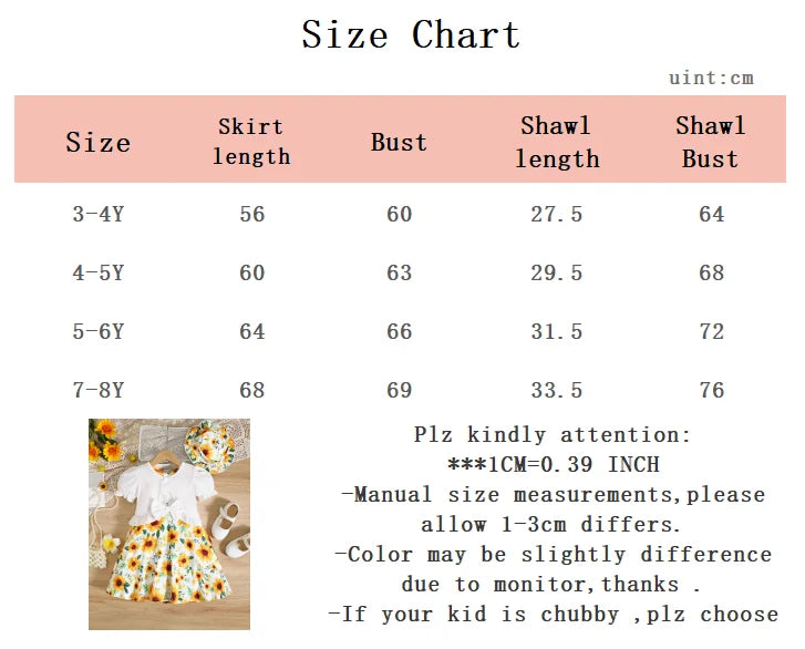 3Pcs Kid Girl Dress Sunflower Sleeveless Dress+Shawl+Hat Girl Summer Vacation Casual Dress Set for girls aged 3-8 Years