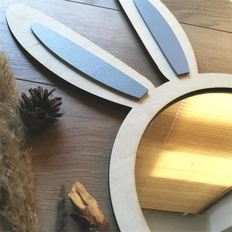 Ins Nordic Style Wooden Rabbit Silver Mirror Decoration, Rabbit Ear Decorative Mirror, Fun Rabbit Mirror for Home Room Walls, Perfect Practical Gift for Bedroom and Hallway for Holidays.