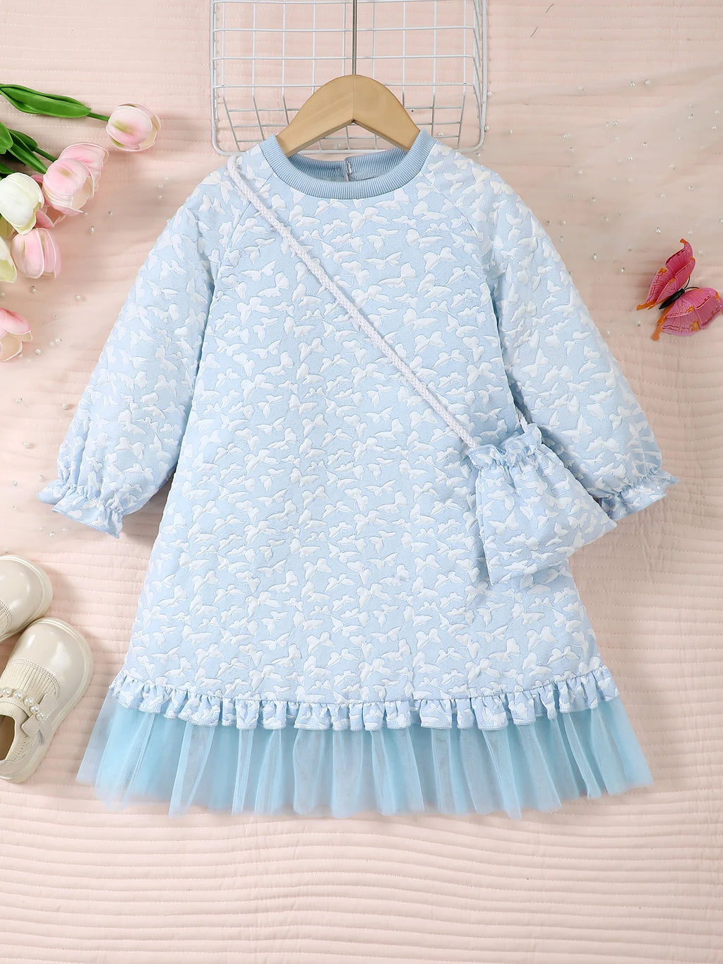 2Pcs Kid girls' Long sleeved Dress Embossed Butterfly Print Chiffon Ruffled Edge Dress and Mini Bag Set for Girls' Autumn Dress