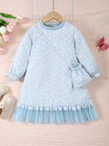 2Pcs Kid girls' Long sleeved Dress Embossed Butterfly Print Chiffon Ruffled Edge Dress and Mini Bag Set for Girls' Autumn Dress