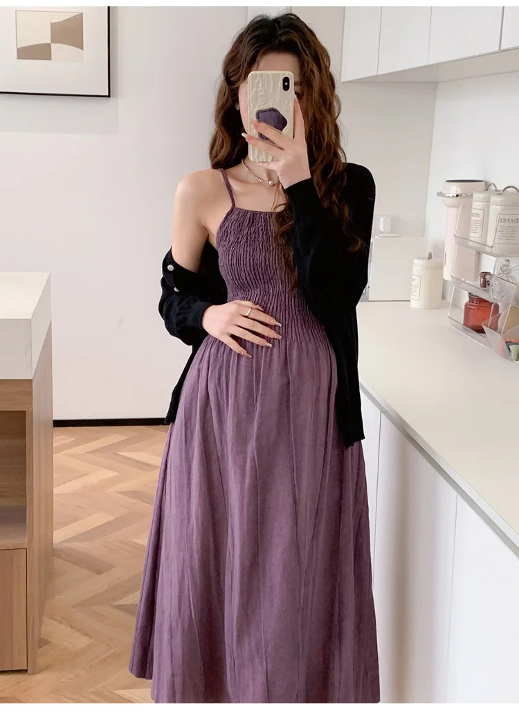 2026 Spring Maternity Dress Suits Long Sleeve Cardigans Strap Dress Twinset Pregnant Woman Clothing Set