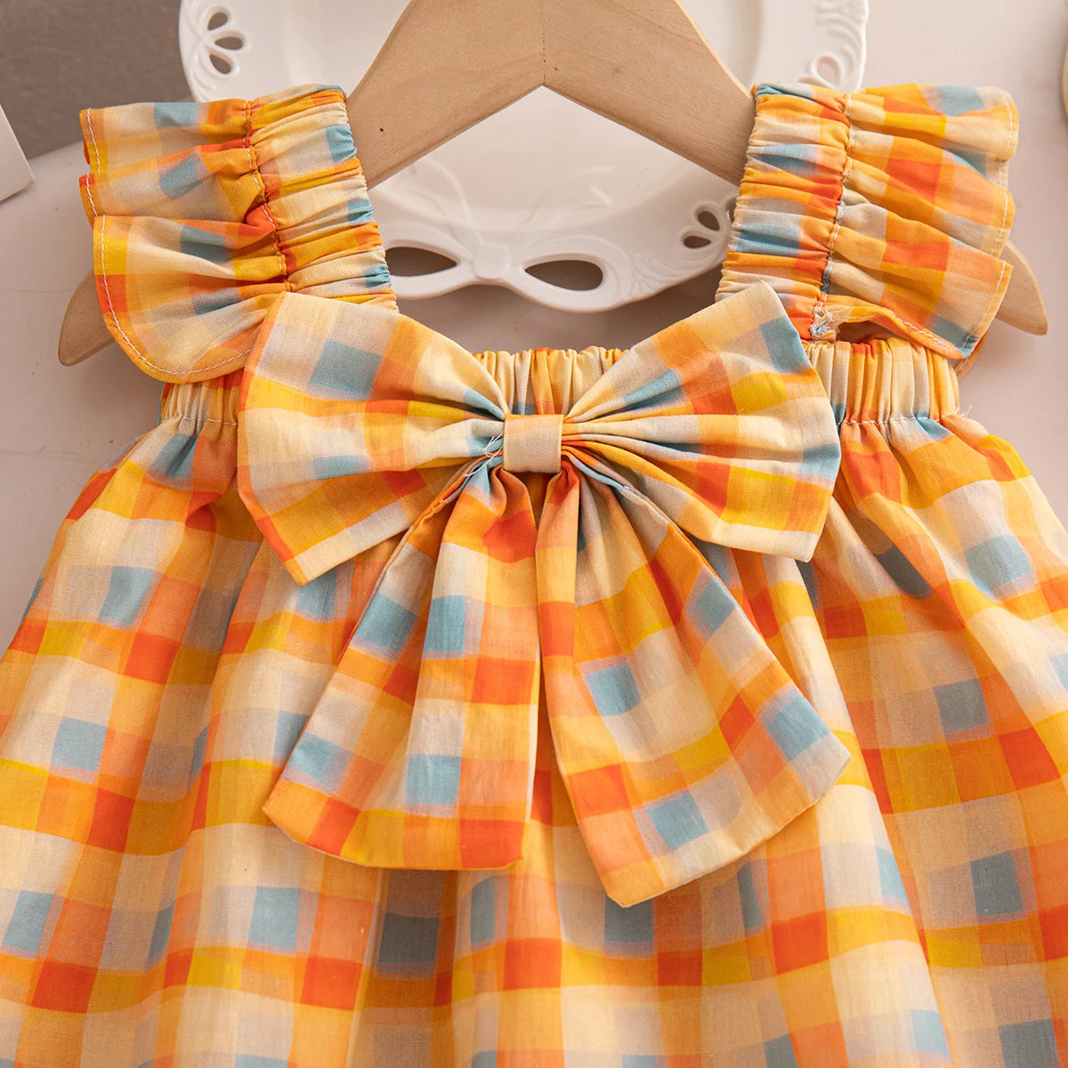 Korean Style Toddler Holiday Sets Summer Comfortable Cotton Orange Bow Plaid Suspender Tops And Breathable Baby Girl Shorts