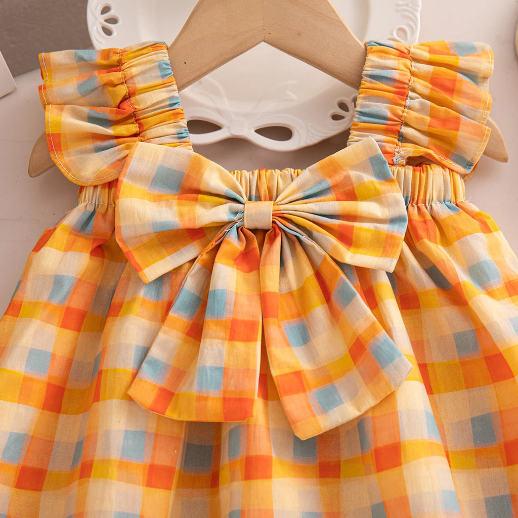 Korean Style Toddler Holiday Sets Summer Comfortable Cotton Orange Bow Plaid Suspender Tops And Breathable Baby Girl Shorts