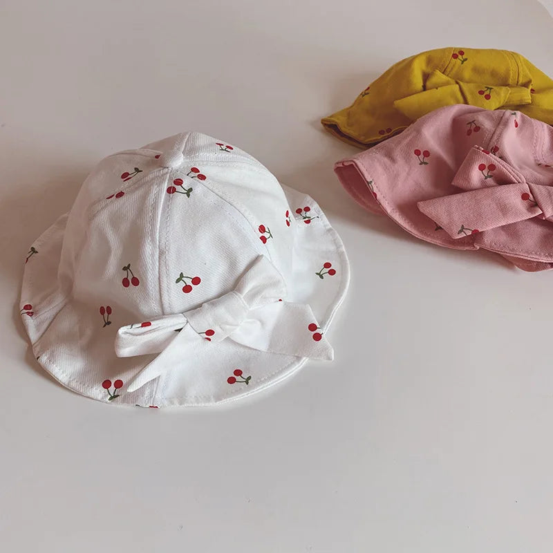 Cute Bowknot Baby Fisherman Hat Cherry Print Infant Bucket Cap 6-36Month Girls Kids Sunshade Visors Outdoor Children Basin Caps
