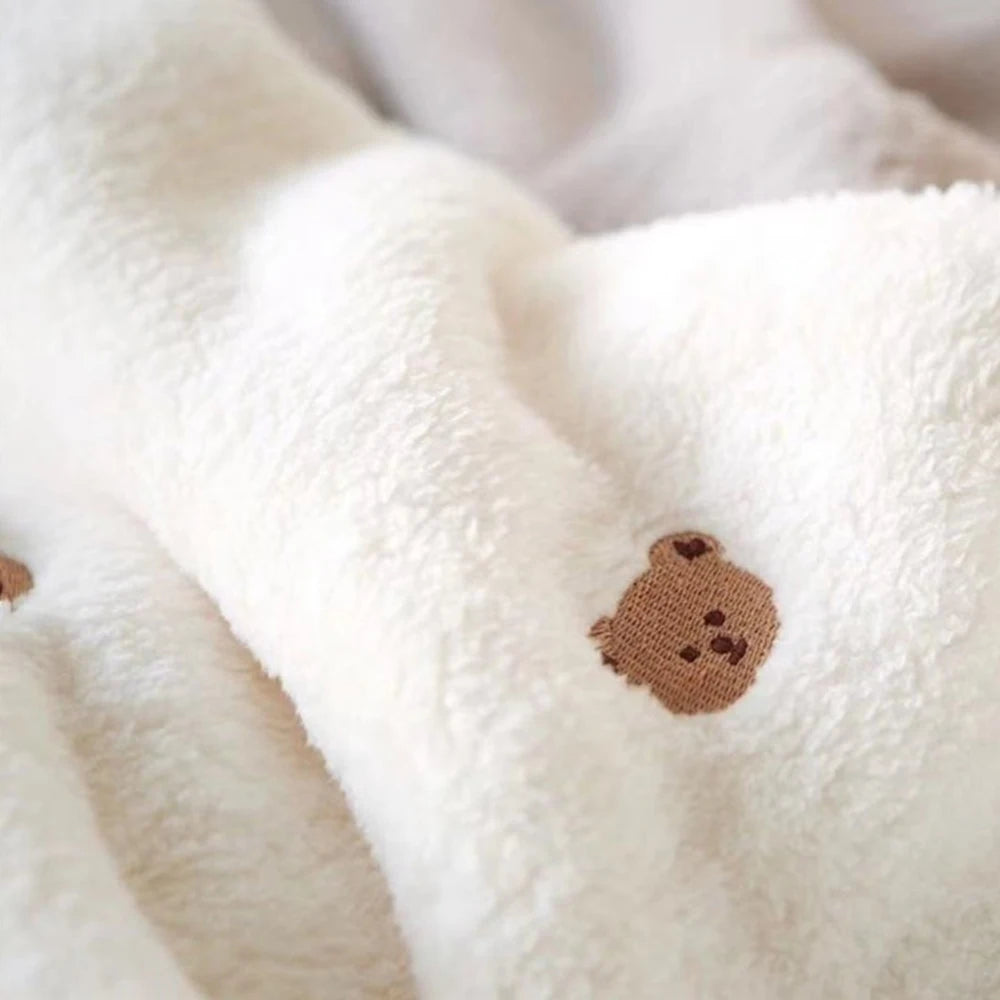 Embroidered Bear Baby Blanket Infant Coral Fleece Wrap Swaddle Blanket Warm Blanket For Newborn Outdoor Stroller Cover Blanket