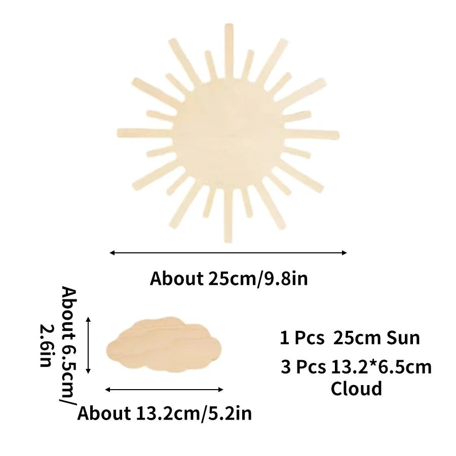 4Pcs Scandinavian Style Wooden Sun and Cloud Wall Decor Set Natural Wood Home Wall Art Decoration Neutral Bohemian Boys and Girls Room Decor Wall Decoration Sun